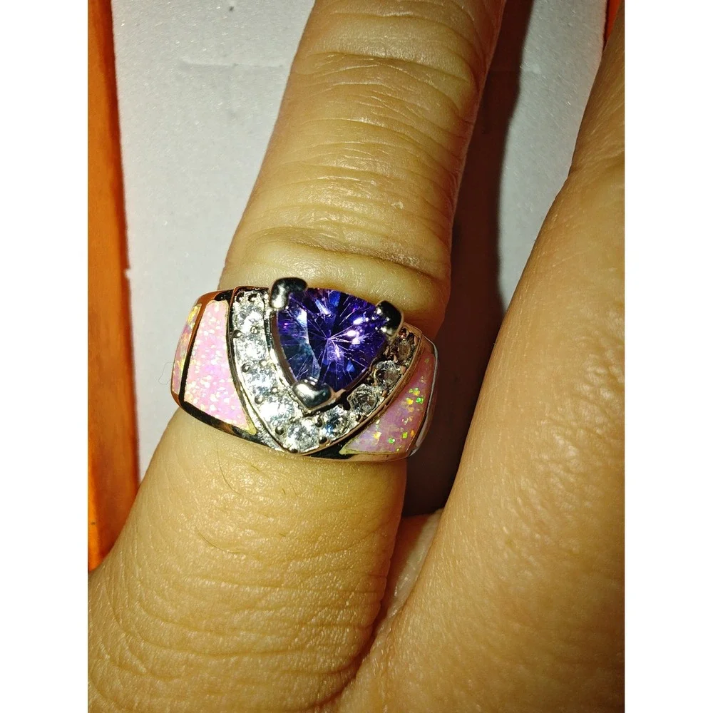 Ring Sterling Silver Purple Trillion Pink Lab Opal Statement SR016336-PO Size 5